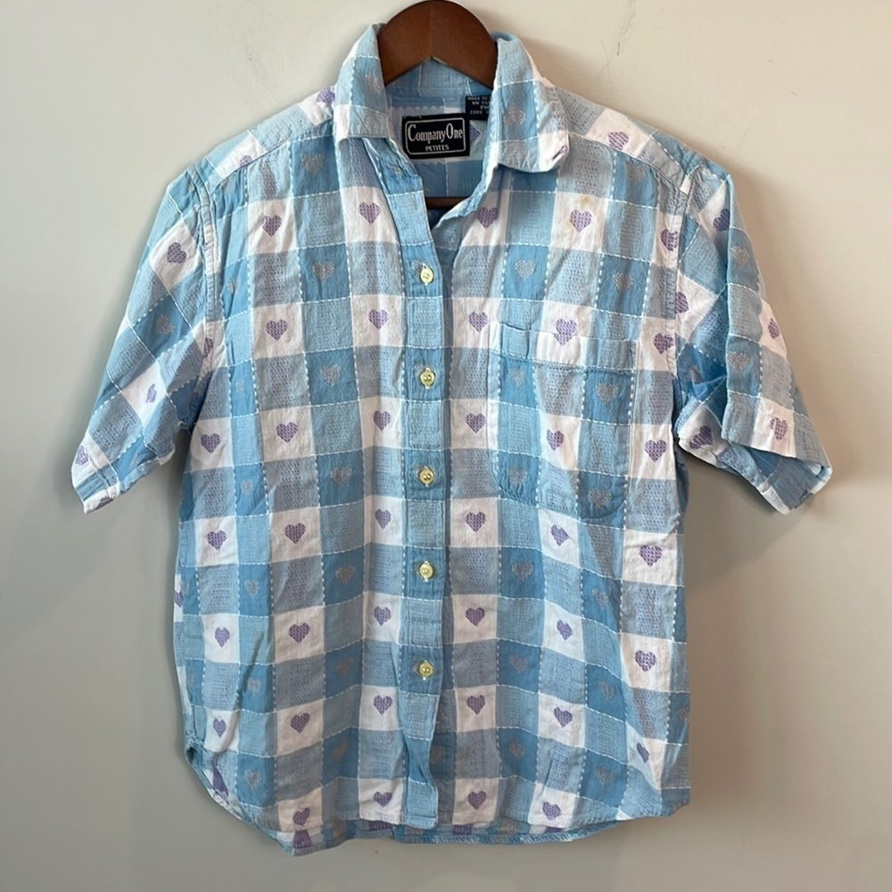Company One Petites Faux quilted checkered heart shirt women size PM
